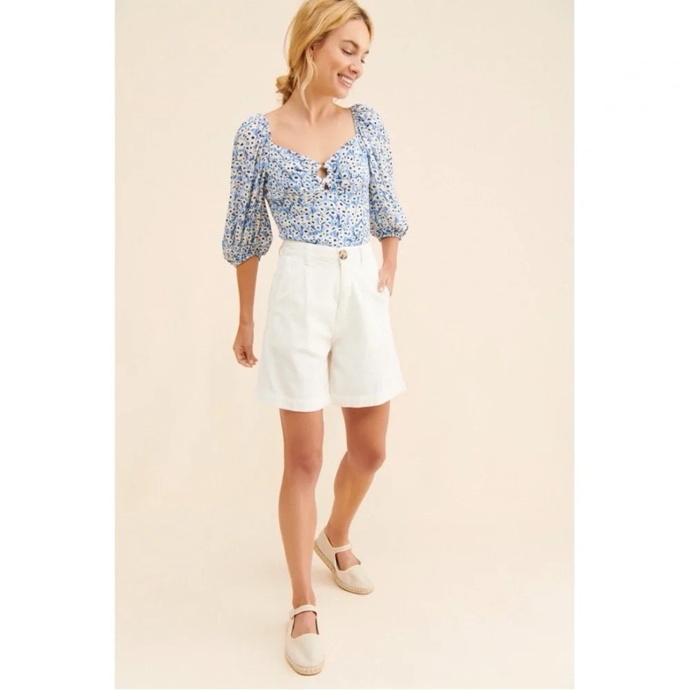 Anthropologie Hutch Cut-Out Puff Sleeve Blouse in Blue & White Floral‎